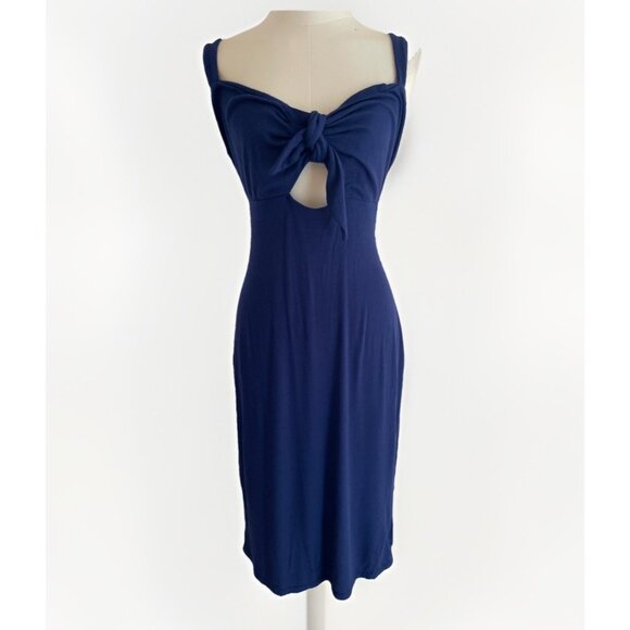 NWT BCBG Paris Tie Front Babydoll Midi Dress Womens L Royal Blue Stretch Bodycon - Picture 1 of 10